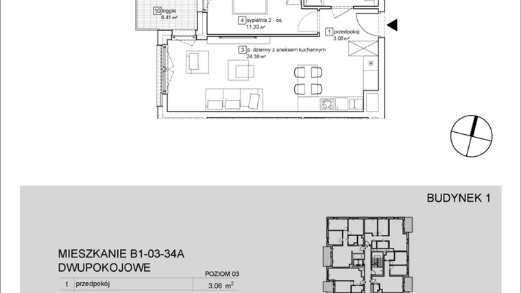 Rzut - Mieszkanie na sprzedaż 2 pokoje o powierzchni 43,79 m² - numer B1-03-34A w Francuska Park IX