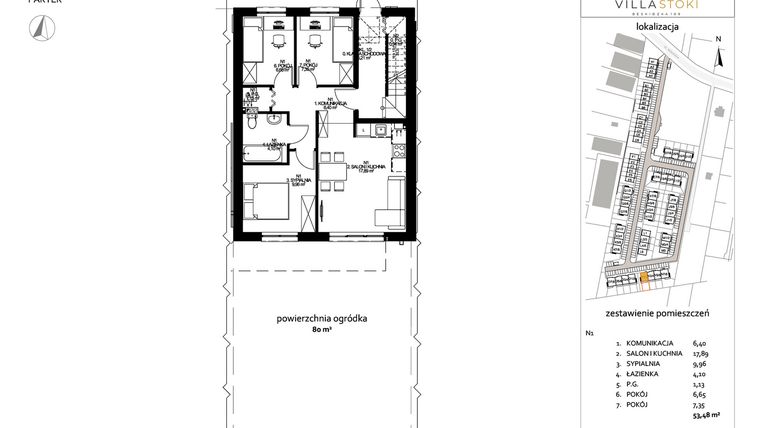 Rzut - Mieszkanie na sprzedaż 4 pokoje o powierzchni 52,34 m² - numer N1 w Villa Stoki (mieszkania)
