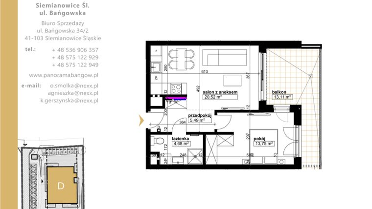 Rzut - Mieszkanie na sprzedaż 2 pokoje o powierzchni 44,44 m² - numer D.1.4 w Panorama Bańgów Etap II
