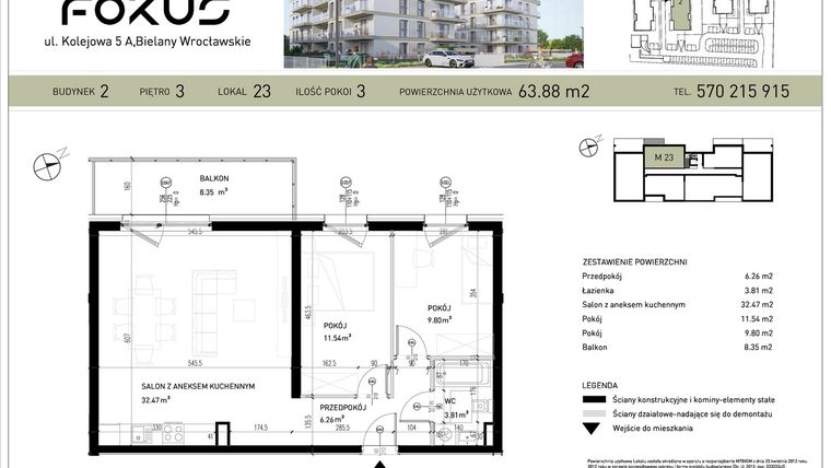 Rzut - Mieszkanie na sprzedaż 3 pokoje o powierzchni 63,88 m² - numer B2-23 w Fokus Bielany