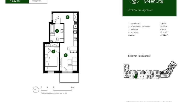 Rzut - Mieszkanie na sprzedaż 2 pokoje o powierzchni 42,62 m² - numer 1.A.1.04 w Murapol GreenCity bud. 1