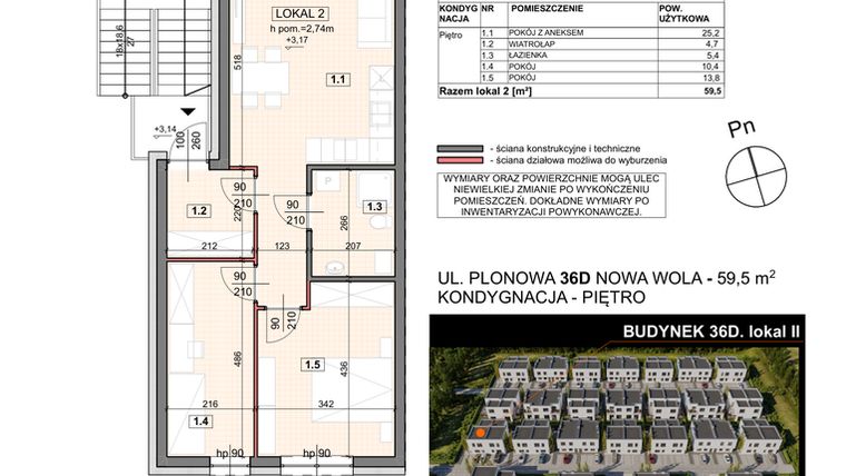 Rzut - Mieszkanie na sprzedaż 3 pokoje o powierzchni 59,5 m² - numer 36D/2 w Zespół willowy Zielona Polana - etap 6