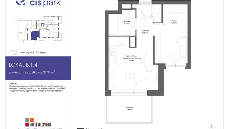 Rzut - Mieszkanie na sprzedaż 2 pokoje o powierzchni 29,99 m² - numer B.1.4 w CIS Park