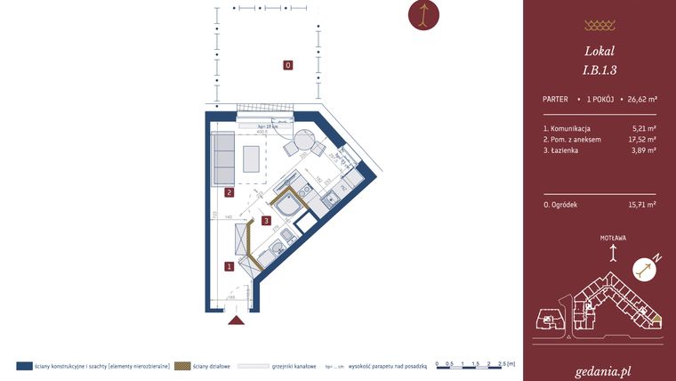 Rzut - Mieszkanie na sprzedaż 1 pokój o powierzchni 26,62 m² - numer I.B.1.3 w GEDANIA Riverside Living - apartamenty inwestycyjne