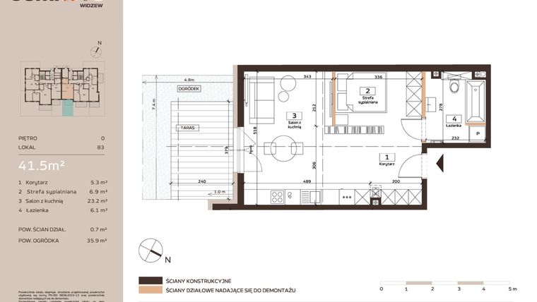 Rzut - Mieszkanie na sprzedaż 1 pokój o powierzchni 41,5 m² - numer B3 w Domkove Widzew