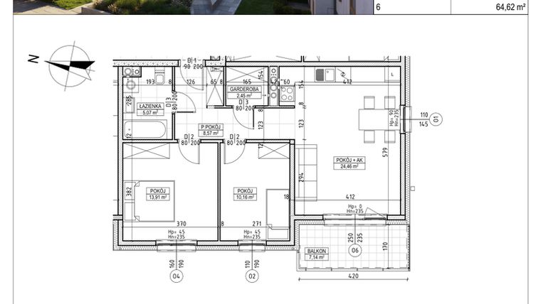Rzut - Mieszkanie na sprzedaż 3 pokoje o powierzchni 64,62 m² - numer M.B8.01.33 w Osiedle Harmonia bud. B8