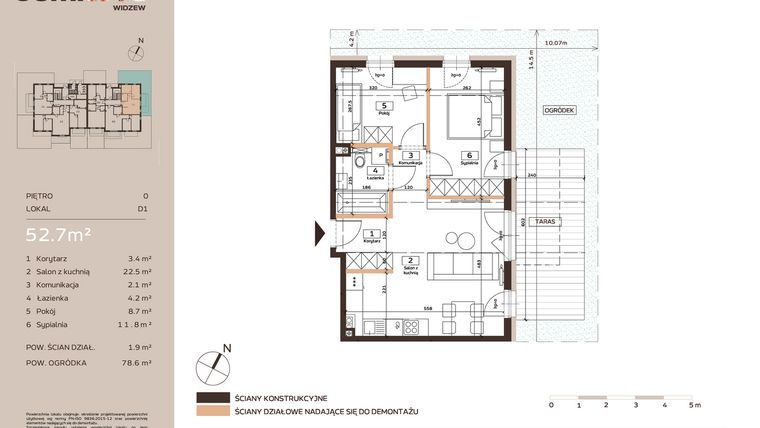 Rzut - Mieszkanie na sprzedaż 3 pokoje o powierzchni 52,7 m² - numer D1 w Domkove Widzew