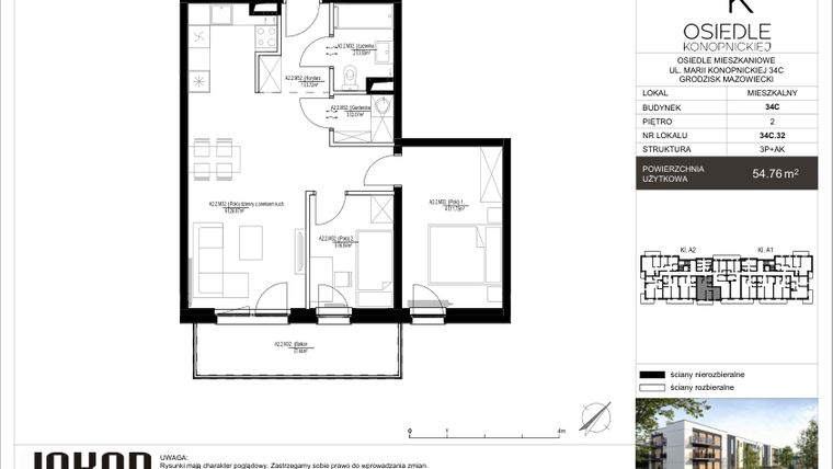 Rzut - Mieszkanie na sprzedaż 3 pokoje o powierzchni 54,76 m² - numer 34C.32 w Osiedle Konopnickiej