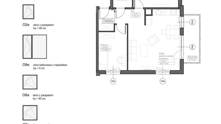 Rzut - Mieszkanie na sprzedaż 3 pokoje o powierzchni 61,32 m² - numer C.1.4.6 w Optima VII