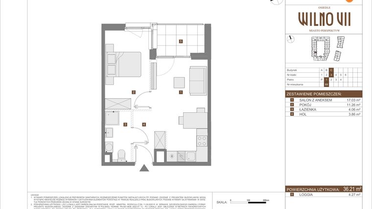 Rzut - Mieszkanie na sprzedaż 2 pokoje o powierzchni 36,21 m² - numer C.69 w Osiedle Wilno VII etap 3