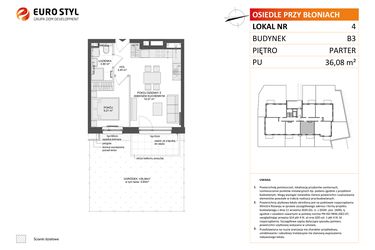 Rzut - Mieszkanie na sprzedaż 2 pokoje o powierzchni 36,08 m² - numer B3.4 w Osiedle Przy Błoniach 3 etap III