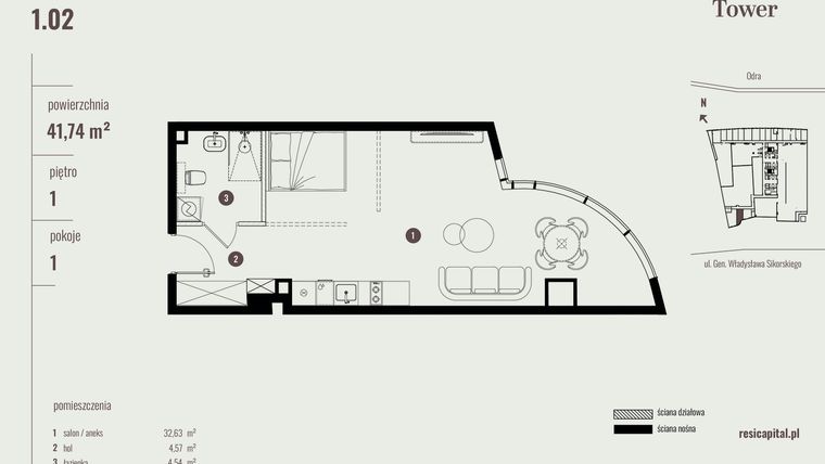 Rzut - Mieszkanie na sprzedaż 1 pokój o powierzchni 42,08 m² - numer 1.02 w Quorum Tower