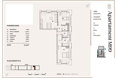 Rzut - Mieszkanie na sprzedaż 3 pokoje o powierzchni 72,23 m² - numer C.99 w Młyny Mogilska