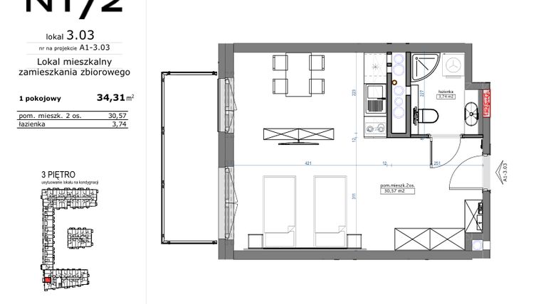 Rzut - Mieszkanie na sprzedaż 1 pokój o powierzchni 34,31 m² - numer 03.03 w Naramowicka 172