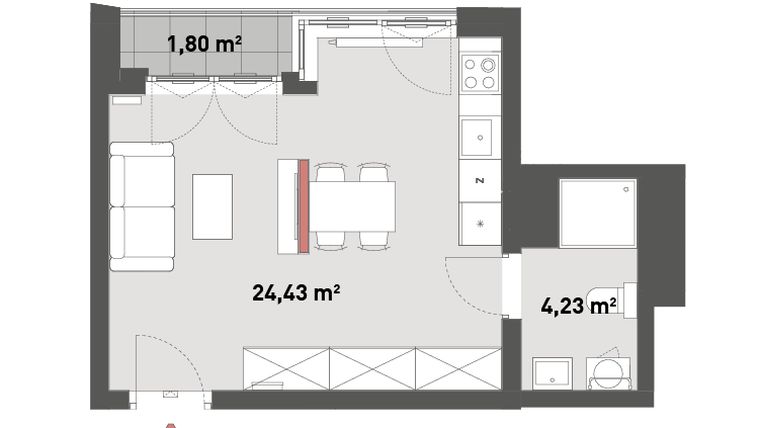 Rzut - Mieszkanie na sprzedaż 1 pokój o powierzchni 28,66 m² - numer A.05.18 w Żelazna 54