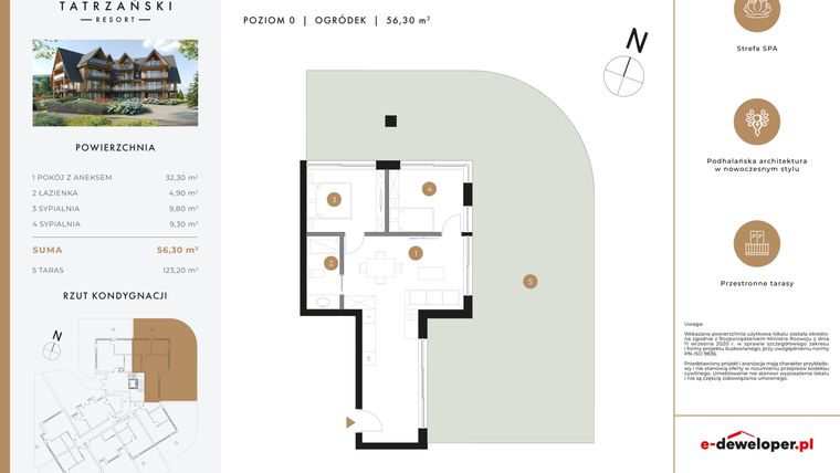 Rzut - Mieszkanie na sprzedaż 3 pokoje o powierzchni 56,49 m² - numer A02 w Tatrzański Resort