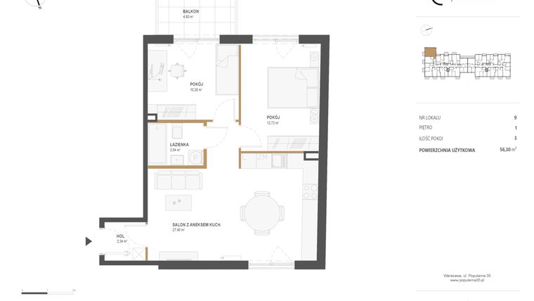 Rzut - Mieszkanie na sprzedaż 3 pokoje o powierzchni 56,3 m² - numer M.09 w Popularna 35