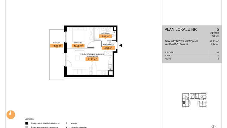 Rzut - Mieszkanie na sprzedaż 2 pokoje o powierzchni 42,23 m² - numer 5 w Zenit V
