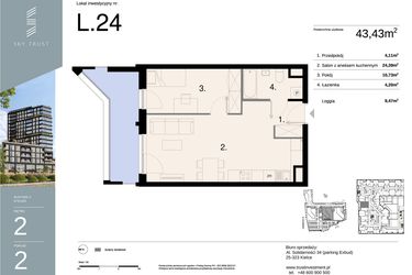 Rzut - Mieszkanie na sprzedaż 2 pokoje o powierzchni 43,43 m² - numer L24 w Sky Trust etap II - apartamenty inwestycyjne 23% VAT PRS