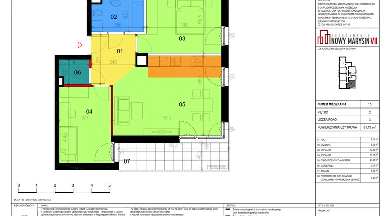 Rzut - Mieszkanie na sprzedaż 3 pokoje o powierzchni 61,72 m² - numer 15 w Apartamenty Nowy Marysin VII