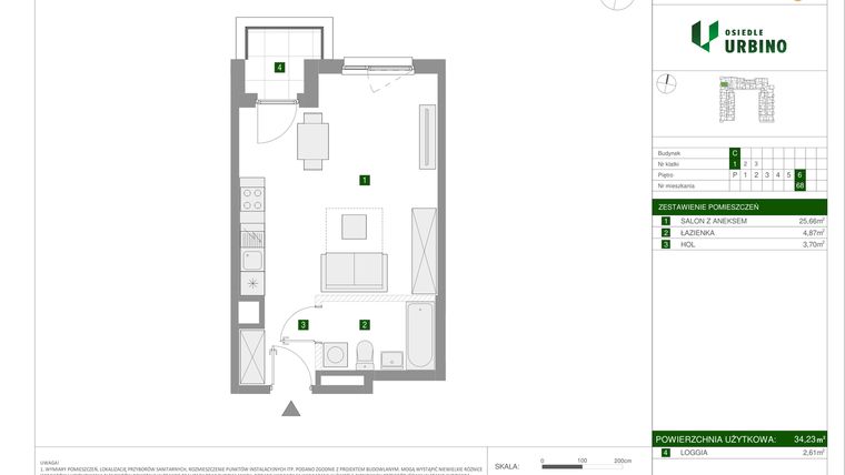 Rzut - Mieszkanie na sprzedaż 1 pokój o powierzchni 34,23 m² - numer 1.3.C.68 w Osiedle Urbino
