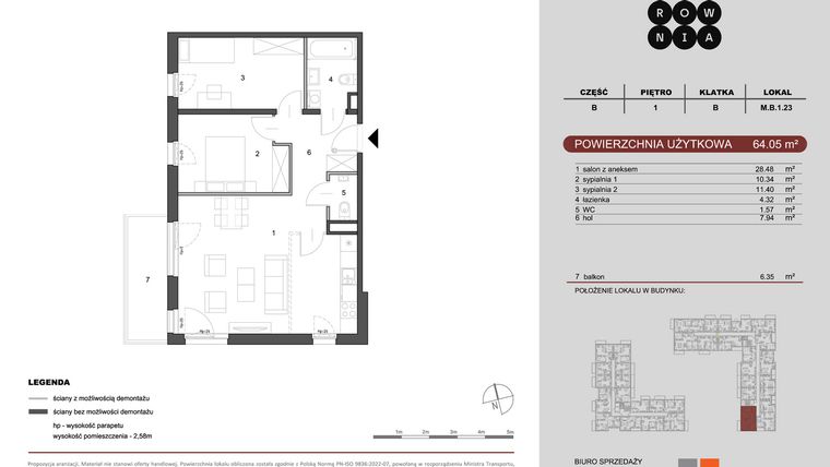 Rzut - Mieszkanie na sprzedaż 3 pokoje o powierzchni 64,05 m² - numer M.B.1.023 w CUKROWNIA