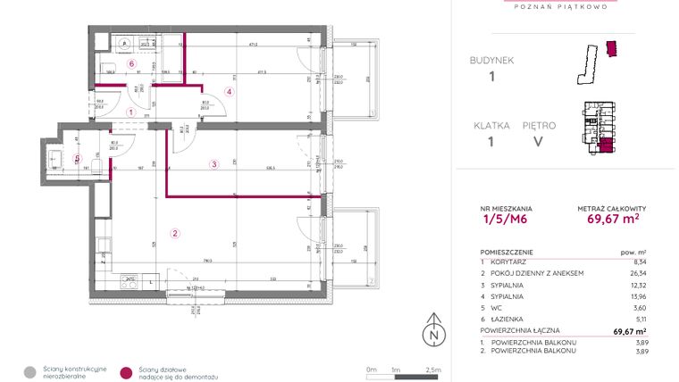 Rzut - Mieszkanie na sprzedaż 3 pokoje o powierzchni 69,67 m² - numer 1/5/M6 w Lechicka 65