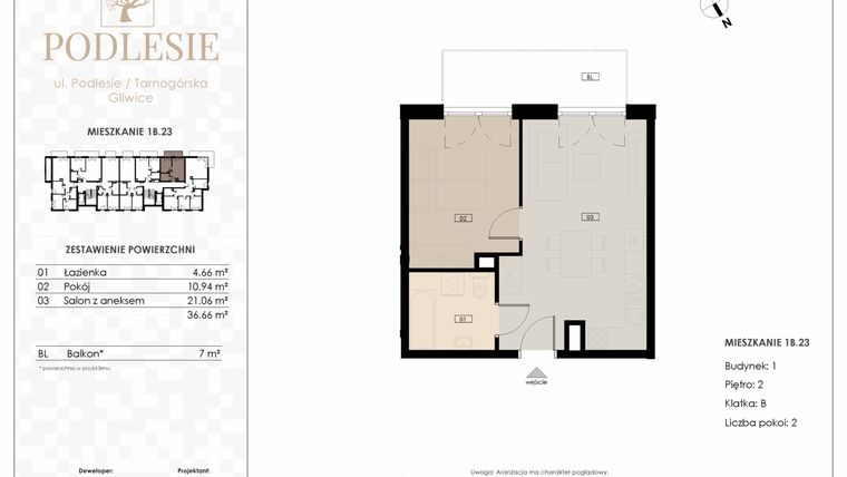 Rzut - Mieszkanie na sprzedaż 2 pokoje o powierzchni 36,66 m² - numer 1B.23 w Podlesie