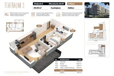 Rzut - Mieszkanie na sprzedaż 2 pokoje o powierzchni 46,03 m² - numer A 2.07 w Teatralna 3 - etap II