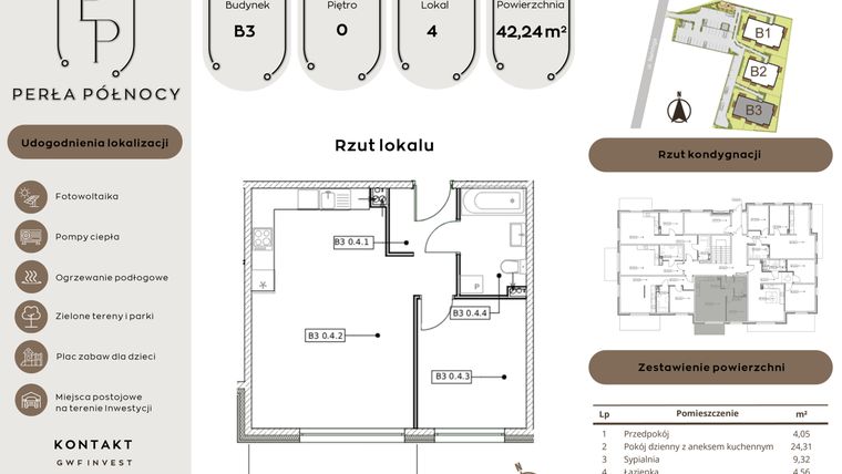 Rzut - Mieszkanie na sprzedaż 2 pokoje o powierzchni 42,24 m² - numer B3.0_4 w Perła Północy etap 2
