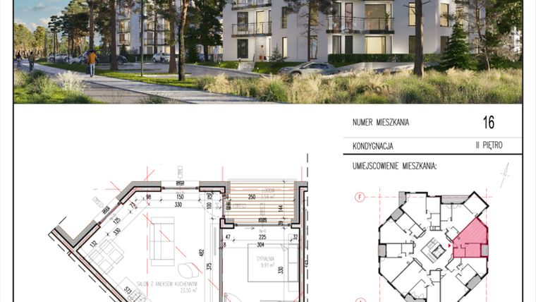 Rzut - Mieszkanie na sprzedaż 2 pokoje o powierzchni 42,89 m² - numer 16 w Grasera 12