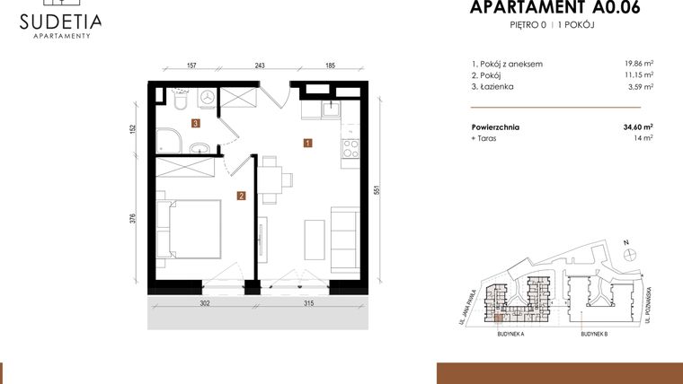Rzut - Mieszkanie na sprzedaż 2 pokoje o powierzchni 34,6 m² - numer A 0.06 w Apartamenty Sudetia