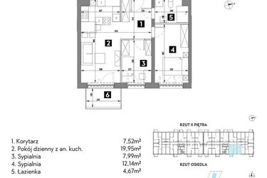 Rzut - Mieszkanie na sprzedaż 3 pokoje o powierzchni 52,11 m² - numer A2/2/11 w Metr Kwadrat