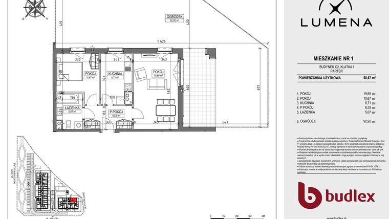 Rzut - Mieszkanie na sprzedaż 2 pokoje o powierzchni 50,67 m² - numer C2.01 w Lumena
