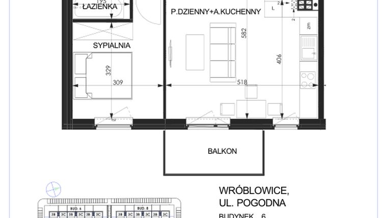 Rzut - Mieszkanie na sprzedaż 2 pokoje o powierzchni 46,9 m² - numer 6C - 3A w Zielona Lutynia