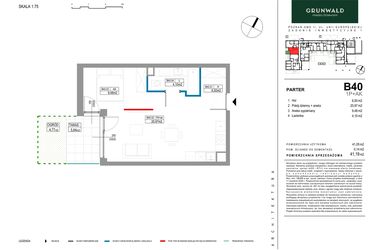 Rzut - Mieszkanie na sprzedaż 1 pokój o powierzchni 41,19 m² - numer B040 w Grunwald Między Drzewami etap II