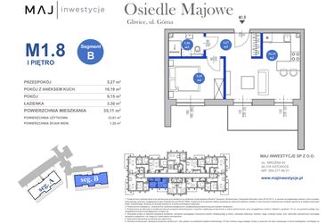 Rzut - Mieszkanie na sprzedaż 2 pokoje o powierzchni 33,91 m² - numer M1.8 w Osiedle Majowe 2.0