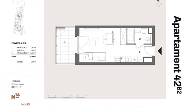Rzut - Mieszkanie na sprzedaż 1 pokój o powierzchni 26,39 m² - numer B2.42 w Nadgórników 14