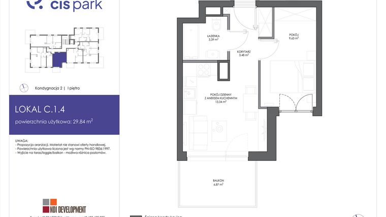 Rzut - Mieszkanie na sprzedaż 2 pokoje o powierzchni 29,84 m² - numer C.1.4 w CIS Park