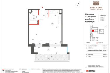 Rzut - Mieszkanie na sprzedaż 1 pokój o powierzchni 38,67 m² - numer 30 w Stalowa Form 43.45