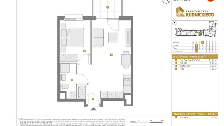 Rzut - Mieszkanie na sprzedaż 2 pokoje o powierzchni 38,4 m² - numer D.68 w Apartamenty Rudnickiego