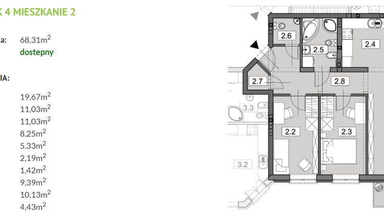 Rzut - Mieszkanie na sprzedaż 3 pokoje o powierzchni 68,31 m² - numer 4-2 w Osiedle Urocze