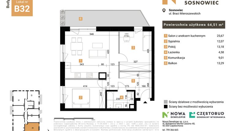 Rzut - Mieszkanie na sprzedaż 3 pokoje o powierzchni 64,51 m² - numer 32 w Nowy Sosnowiec