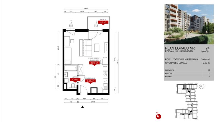 Rzut - Mieszkanie na sprzedaż 1 pokój o powierzchni 39,98 m² - numer K.74 w Wieża Jeżyce etap V