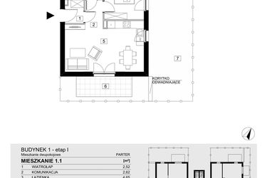 Rzut - Mieszkanie na sprzedaż 2 pokoje o powierzchni 43,42 m² - numer 1.1 w Jasieny