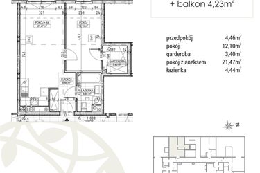 Rzut - Mieszkanie na sprzedaż 2 pokoje o powierzchni 45,87 m² - numer A2.03.32 w Zakątek Flora