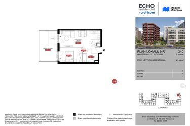 Rzut - Mieszkanie na sprzedaż 2 pokoje o powierzchni 43,69 m² - numer A.340 w Modern Mokotów
