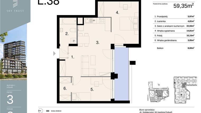 Rzut - Mieszkanie na sprzedaż 3 pokoje o powierzchni 59,35 m² - numer L38 w Sky Trust etap II - apartamenty inwestycyjne 23% VAT PRS