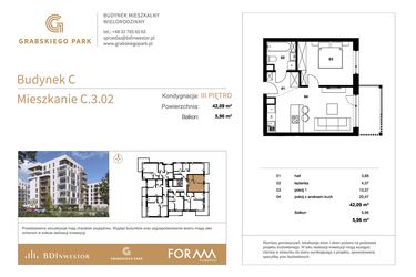 Rzut - Mieszkanie na sprzedaż 2 pokoje o powierzchni 42,09 m² - numer C.3.02 w Grabskiego Park