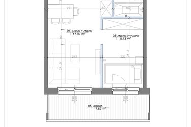Rzut - Mieszkanie na sprzedaż 2 pokoje o powierzchni 33,58 m² - numer 1.03 w Apartamenty Potulickiego